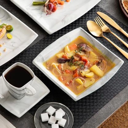 30PCS Marble Grey Porcelain Tableware Dinnerware Set with 6PCS Dessert/Soup/Dinner Plate/Cup/Saucer,Plates and Bowls Sets,FLORA
