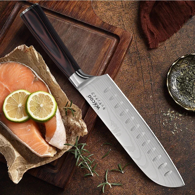WXCOO Professional Chef Knife Damascus Japanese Stainless Steel Kitchen Boning Knives Set with Roll Canvas Bag