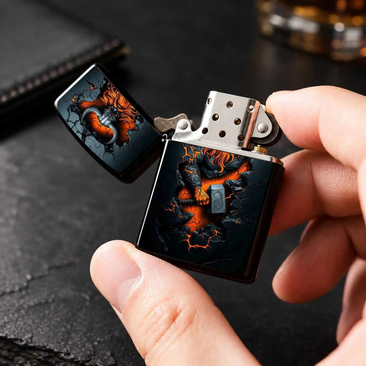Creative Wall-Breaking Viking Themed Lighter, Cool Orange Glowing Crack Texture, Exquisite Mjolnir Design, Stylish Portable Accessory, Perfect For Daily Use, Outdoor Camping, Gatherings, Gifting, Unique High-Quality Present F