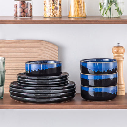 vancasso 12/24 PCS Starry Blue Reactive Glaze Stoneware Dinnerware Sets Ceramic Plates Set with 4 pcs Dinner Plate/Dessert/Bowl