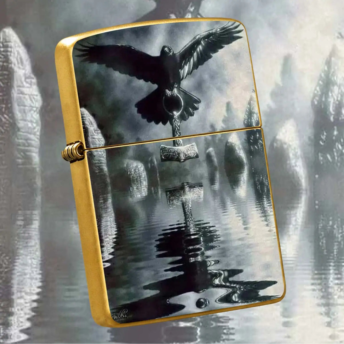 Norse Mythology Themed Lighter With Art Print Of Raven Holding Mjolnir, Misty Ancient Circle Aesthetic Original Design, Portable Delicate Practical Accessory Suitable For Daily Outdoor Gatherings And Various Occasions, Creati