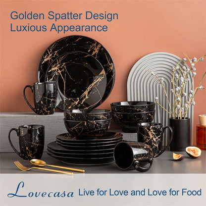 16Pcs Black Procelain Tableware Set Design By Gold Splash with Dinner Plate/Cake plate/Bowls/Coffee Cups Kitchen Dinner Ware Set