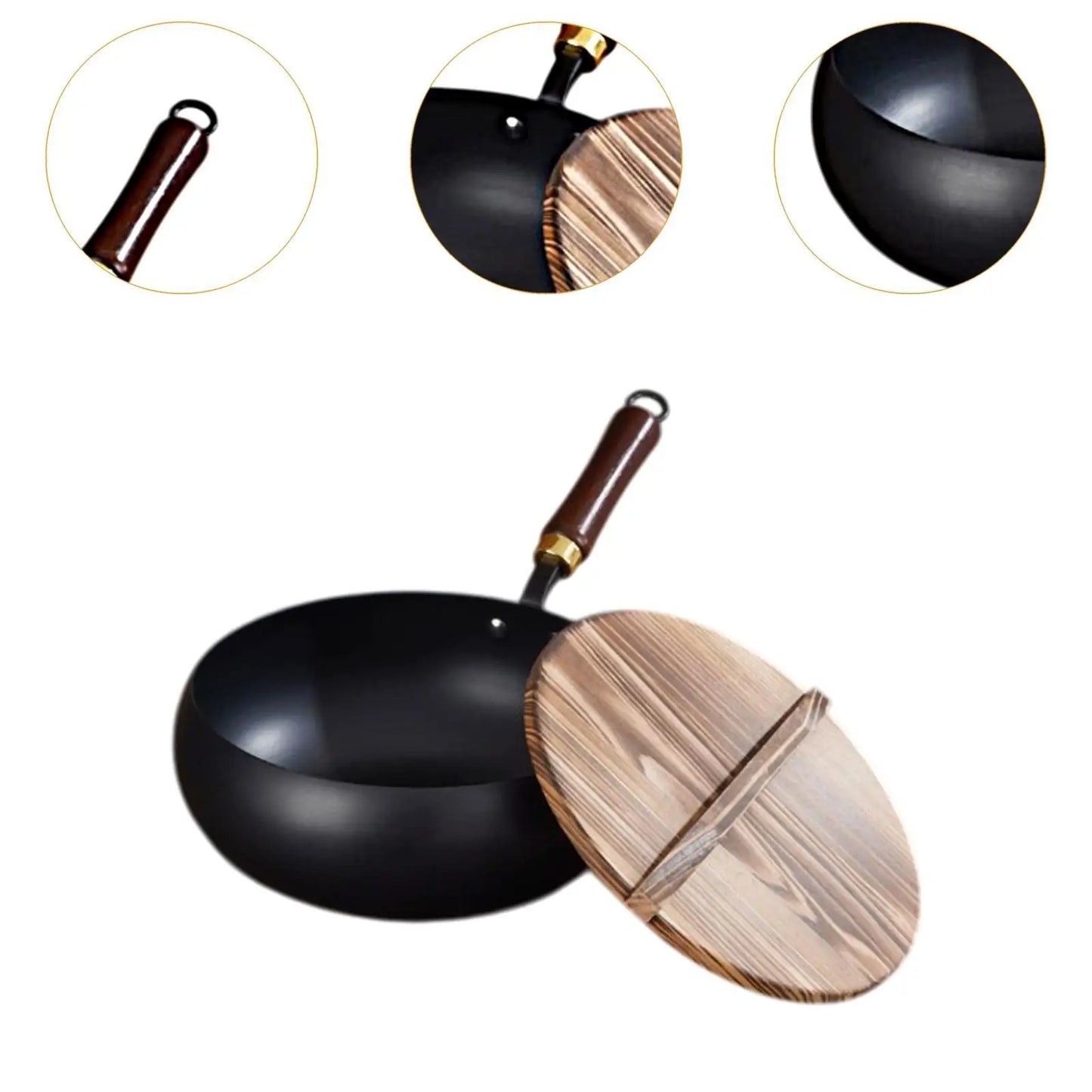 Nonstick Wok, Chinese Wok, Flat Bottom Cookware Stir Fry Pan with Wooden Lid for Kitchen Home Restaurant