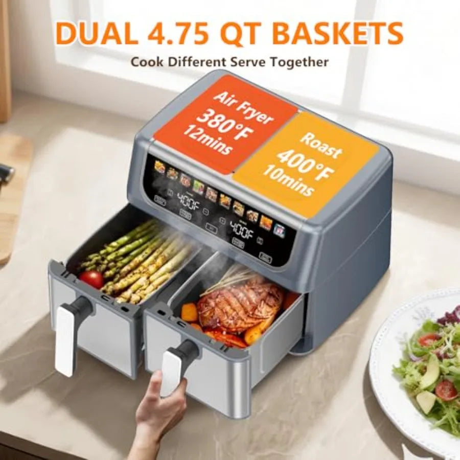10-in-1 Air Fryer for Kitchen Use, Grey Aluminum Alloy, Grey, 9.5 QT Large Capacity with Dual Independent Baskets, Sync Finish