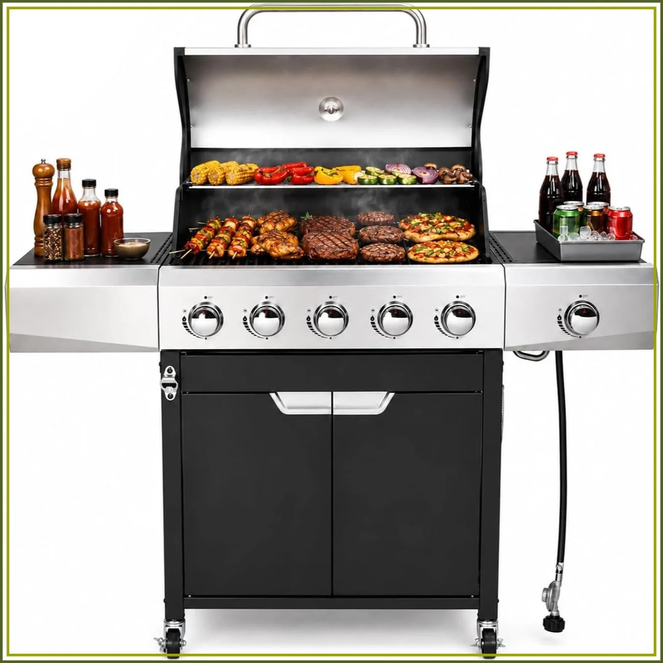58,500 BTU 5-Burner Propane Gas Grill BBQ with Side Burner, Porcelain Grates, Wheels