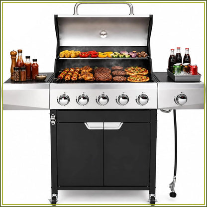 58,500 BTU 5-Burner Propane Gas Grill BBQ with Side Burner, Porcelain Grates, Wheels
