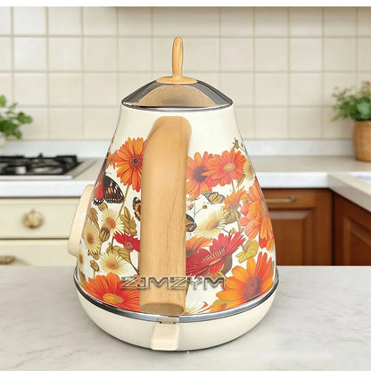 Light Luxury Cream White Floral Deca Kettle Retro Floral Butterfly Electric Kettle Temperature Display Boil Dry Protection 1.7L
