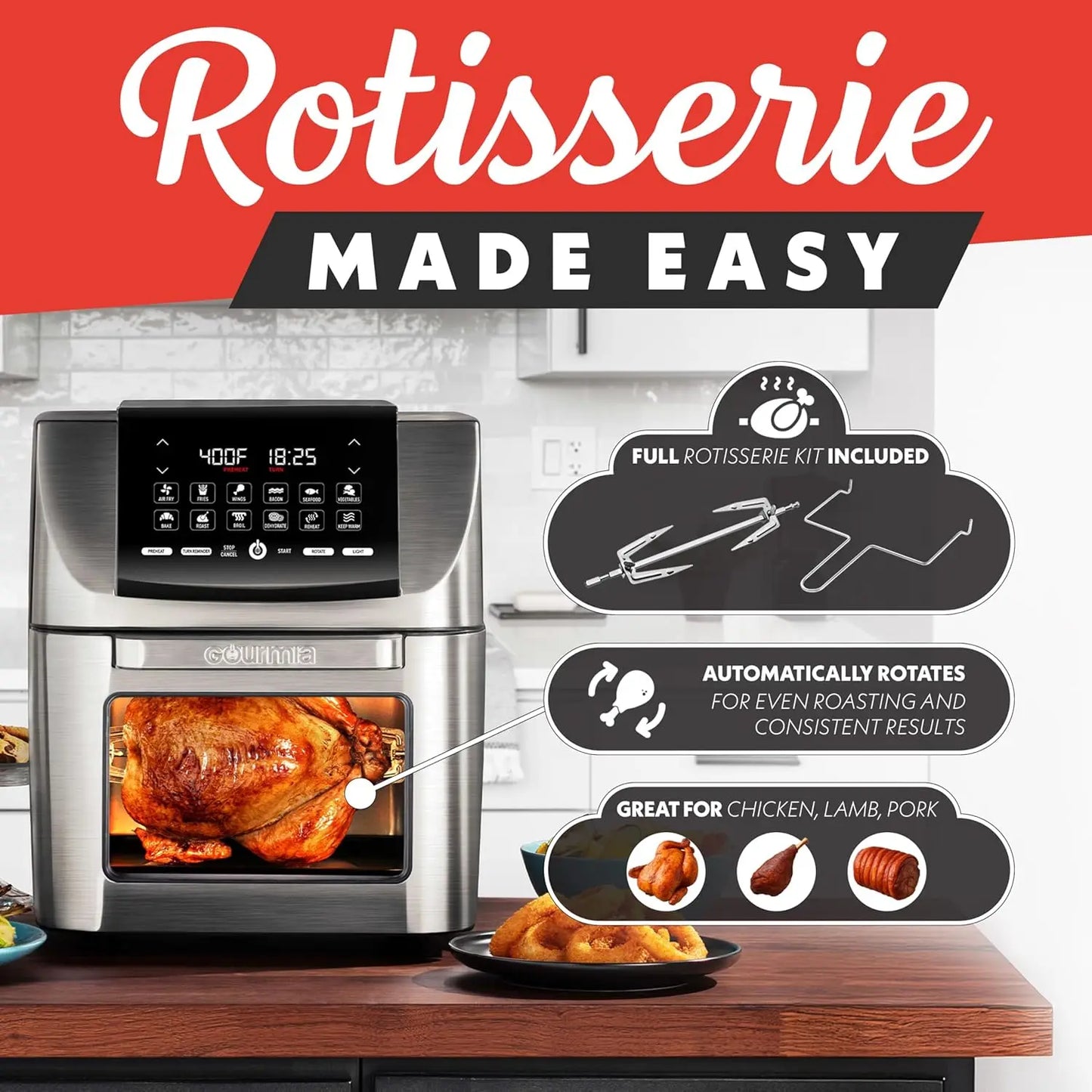 14 Qt Air Fryer Oven with Rotisserie, 12 Presets, Digital Display, Stainless Steel