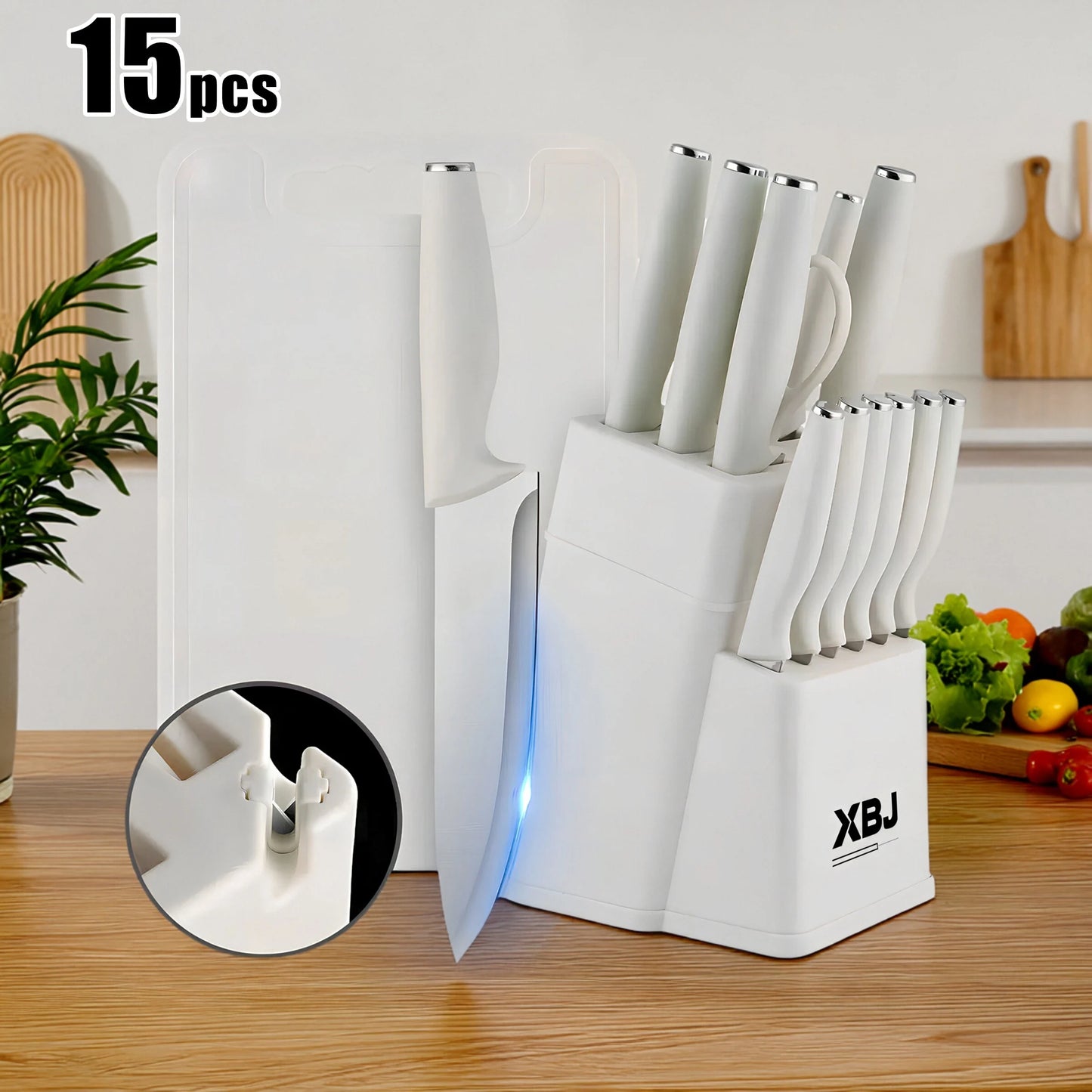 15 Pieces Kitchen Knife Set Stainless Steel Knife Slip Handle with Scissors Sharpener Cutting All-Round