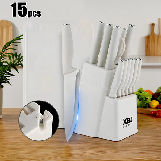 15 Pieces Kitchen Knife Set Stainless Steel Knife Slip Handle with Scissors Sharpener Cutting All-Round