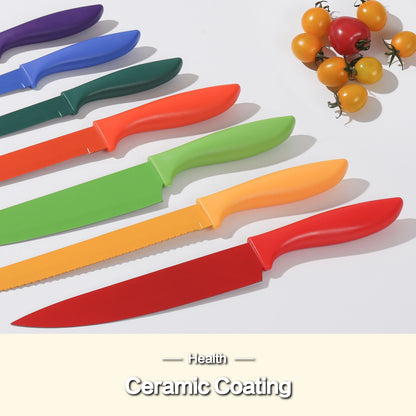 7Pcs Professional Colorful Kitchen Knife Set, Vibrant Food-Safe Coating High Carbon Stainless Steel Knives, Ergonomic Non-Slip H