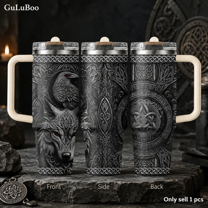Norse Wolf Raven Celtic Prints Vacuum Flasks 40oz 3rd Gen Vacuum Insulated Stainless Steel Tumbler Cup With Handle Straw Lid
