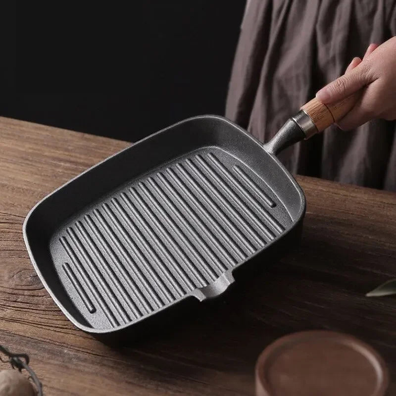 22cm 24cm Thickened Cast Iron Steak Frying Pan Non-coated Non-stick Household Stripes Frying Steak Special Pan