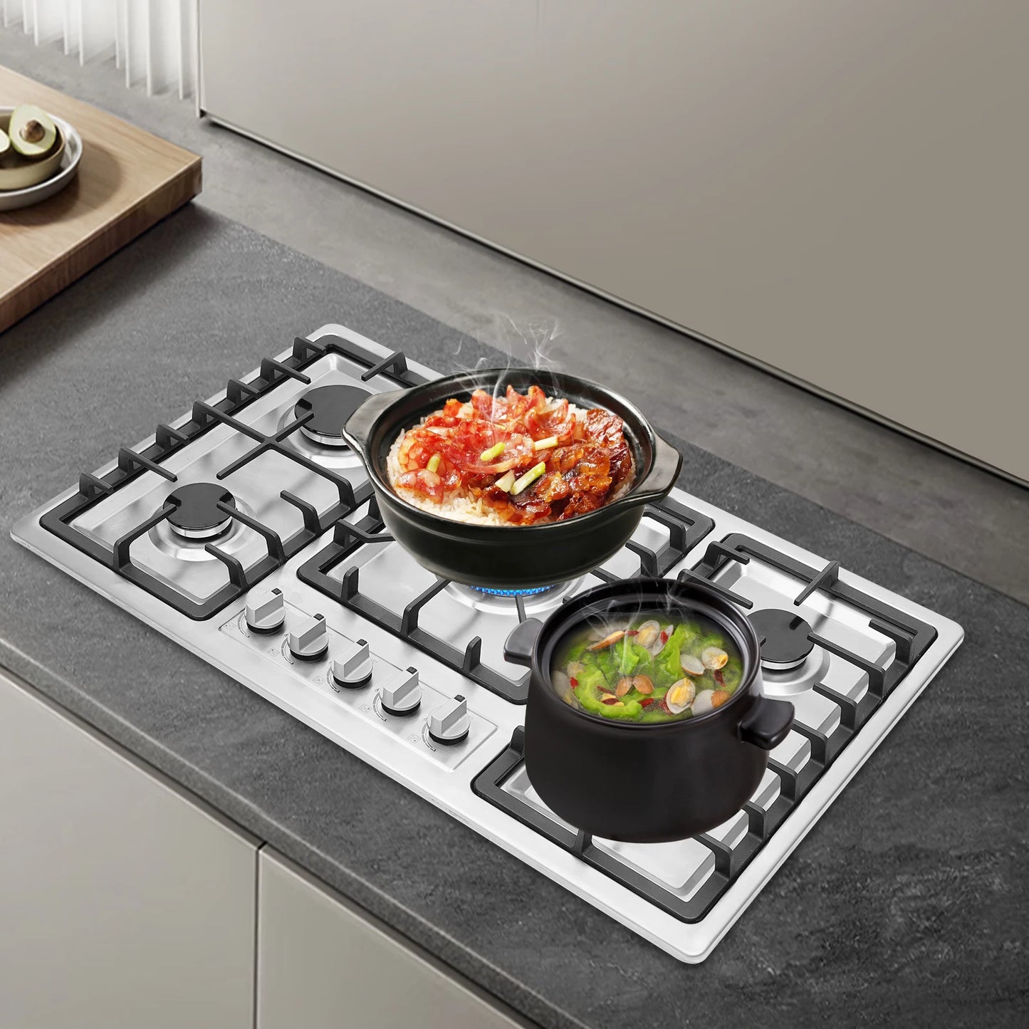 5-Burner Gas Cooktop Scratch Resistance Stainless Steel Gas Stove Simple Control for Home Kitchens/Restaurants/Hotels