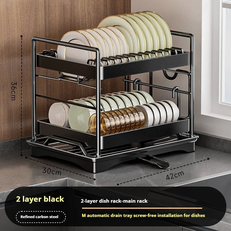 Dish Drying Rack 2-Tier Compact Kitchen Dish Rack Drainboard Set Large Rust-Proof Dish Drainer with Utensil Holder Kitchen Racks