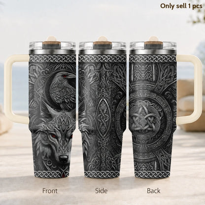 Norse Wolf Raven Celtic Prints Vacuum Flasks 40oz 3rd Gen Vacuum Insulated Stainless Steel Tumbler Cup With Handle Straw Lid