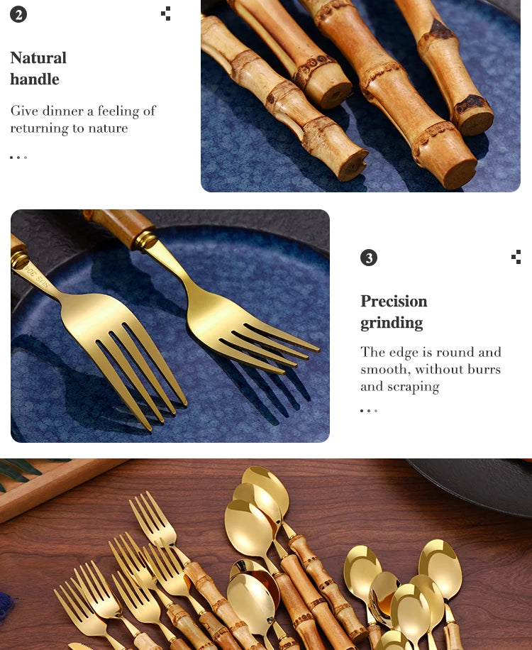 24Pcs Dinnerware Sets Original Nature Bamboo Handle Cutlery Stainless Steel Knife Fork Spoon Purely Natural Bamboo Tableware Set