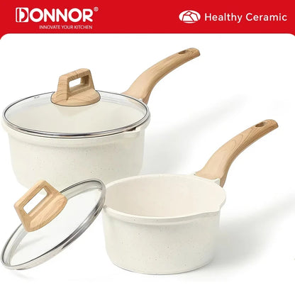 DONNOR 2.5Qt Sauce Pan With Lid Nonstick Granite Saucepan for All Stove Top Sauce Soup Pot Milk Pan with Pour Spouts JT281