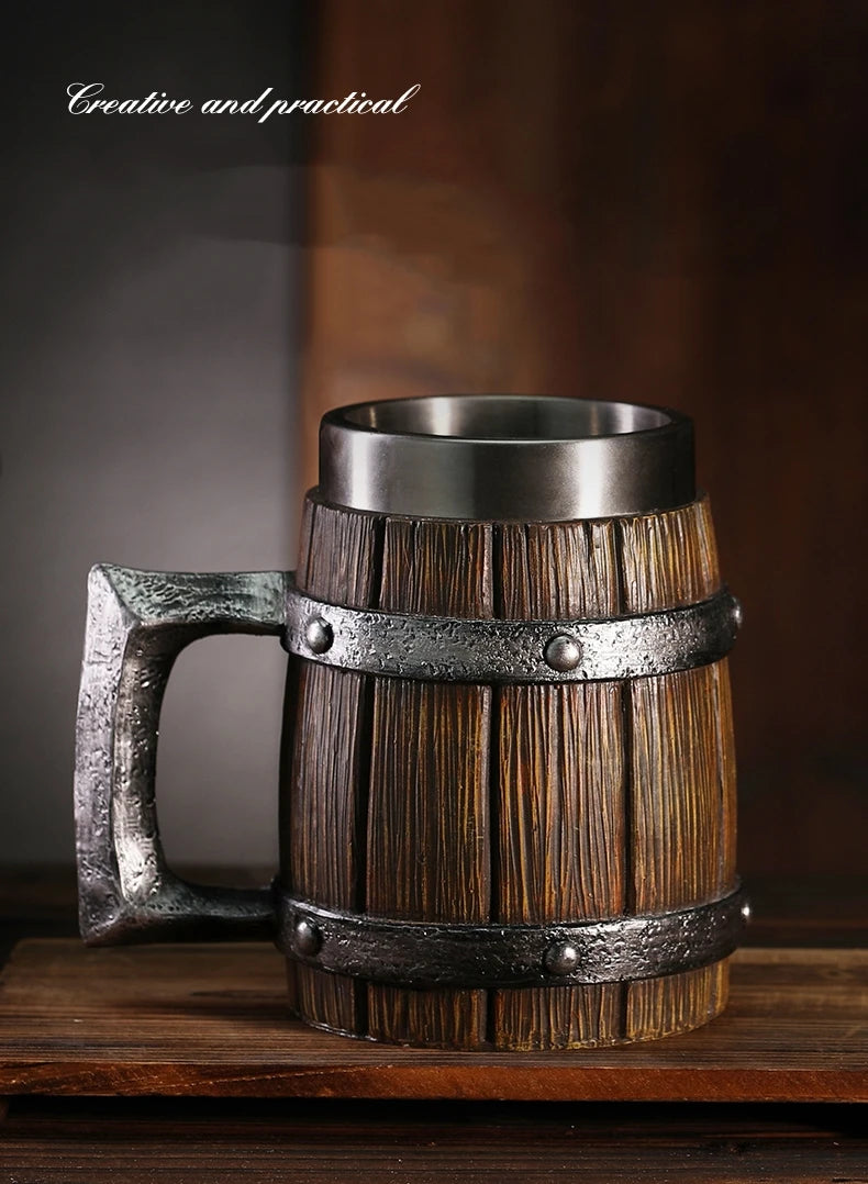 Viking Wood Style Beer Mug 3D Resin Stainless Steel Coffee Cup Wine Glass Metal Double Wall Mug Beer Jug Cup Thermal