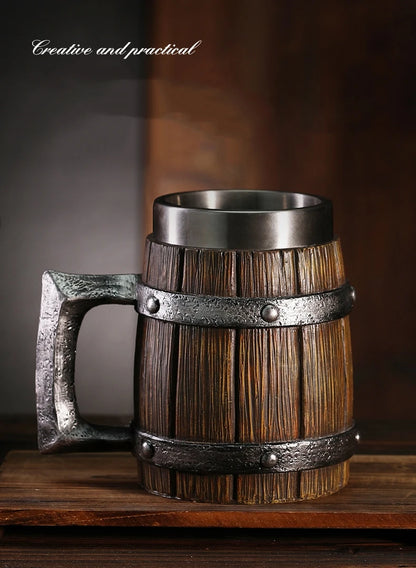 Viking Wood Style Beer Mug 3D Resin Stainless Steel Coffee Cup Wine Glass Metal Double Wall Mug Beer Jug Cup Thermal