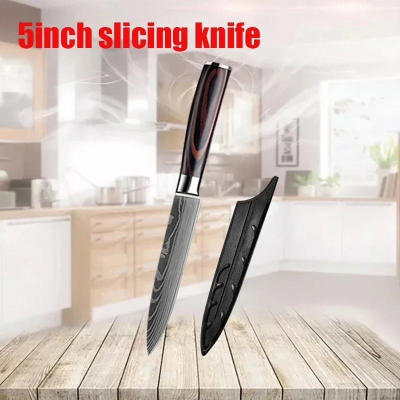 WXCOO 1~3 Pcs Knife Kitchen Utility Damascus Laser Santoku Japanese Chef Cleaver Slicing Wooden Handle Kitchen Accessories