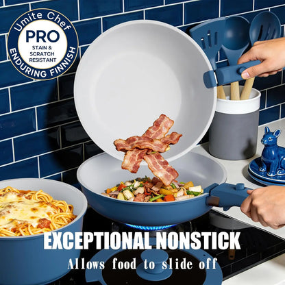 Non Stick Pots and Pans Set, 21 Pcs Ceramic Cookware with Detachable Handles, Induction Ready, Oven Safe, PFAS & PFOA Free, Navy
