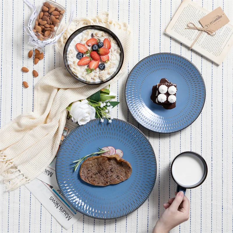 16Piece Blue Embossed Stoneware Tableware Set with Dinner/Dessert Plate/Soup Bowl/Mug Service for 4 Ceramic Tableware Set