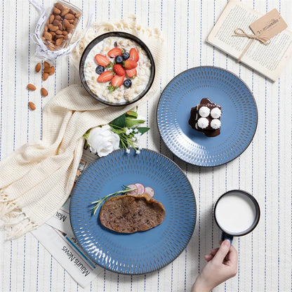 16Piece Blue Embossed Stoneware Tableware Set with Dinner/Dessert Plate/Soup Bowl/Mug Service for 4 Ceramic Tableware Set