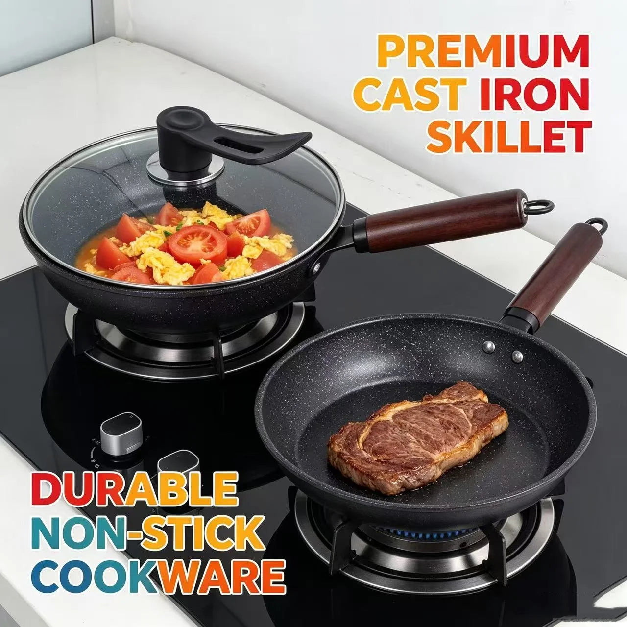 Granite Non Stick Frying Pan, Household Skillet for Steak Egg Pancake, All Stoves Compatible, Works with Induction & Gas Stove
