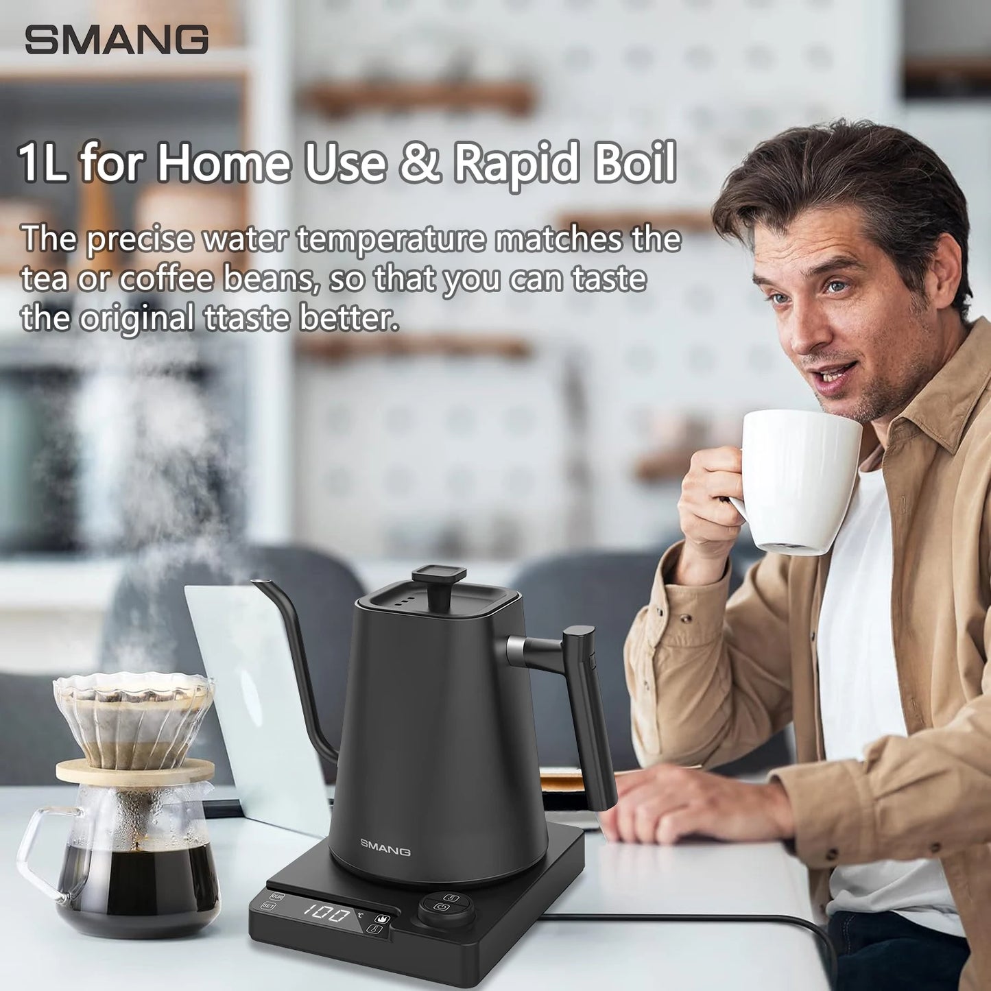 SMANG 1200W Gooseneck Electric Kettle 1L Temperature Control Coffee Kettle Pour Over Coffee Kettle Rapid Heating Kettle