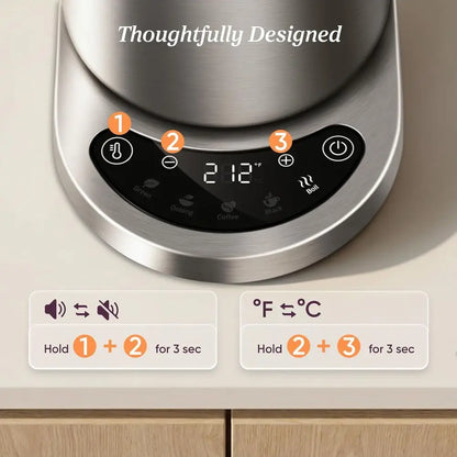 1.7L Stainless Steel Electric Kettle with 5 Temperature Presets, Fast Boil, 2 Lid Openings, and 60-Minute Keep Warm Feature