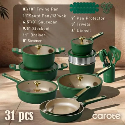 Pots and Pans Set Non stick, Cookware Set, 31pcs NonStick Kitchen Set Induction Cookware Non-toxic Cooking Set, Green