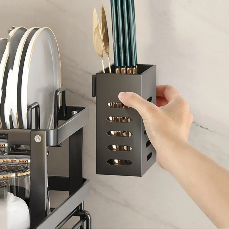 Kitchen Dish Drain Rack Plates Bowls Chopsticks Carbon Steel Storage Rack with Drain Board Sink Countertop Tableware Storage