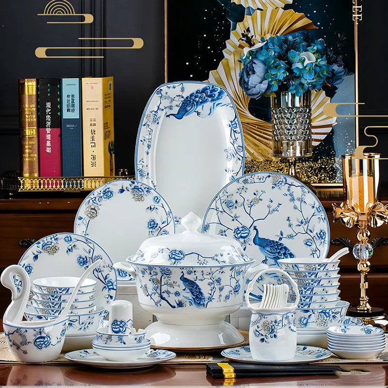 Blue And White Porcelain Tableware Set 18/28/56/30pcs Ceramics Dish Sets Full Set Luxury China Dinnerware Set For 4/6/10 Persons