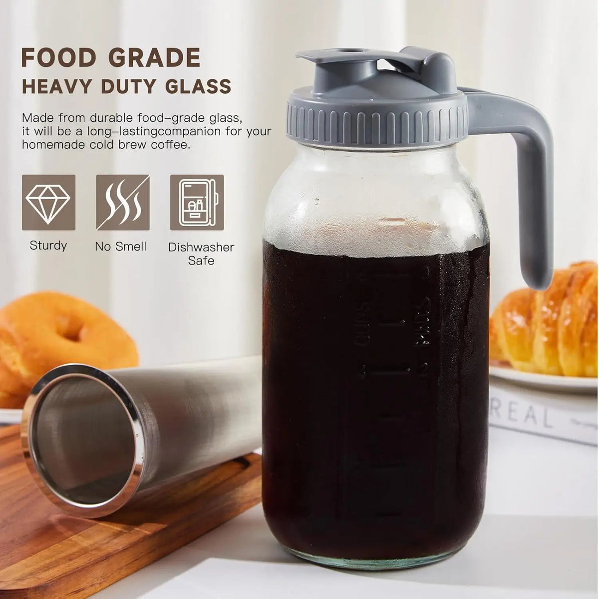 64OZ 1.9L Cold Brew Coffee Maker Glass Pitcher with Stainless Steel Infuser Filter Airtight Lid Pour Spout Wide Mouth Thick Glass Jug for Iced Coffee Fruit Tea Brewing Kitchen Drinkware
