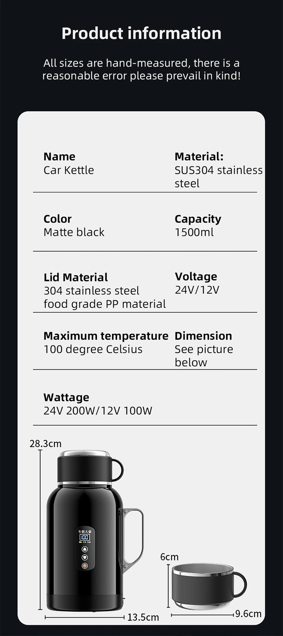 12V/24V Universal Car Kettle 1300ML/1500ML Large Capacity Smart Electric Water Heater LCD Display Temperature Control Stainless