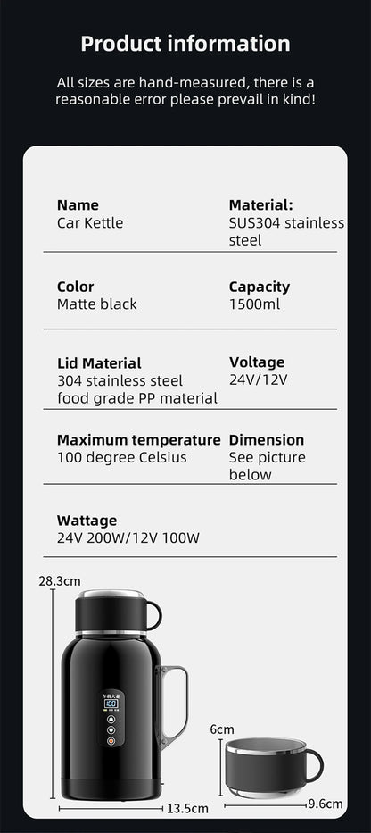 12V/24V Universal Car Kettle 1300ML/1500ML Large Capacity Smart Electric Water Heater LCD Display Temperature Control Stainless