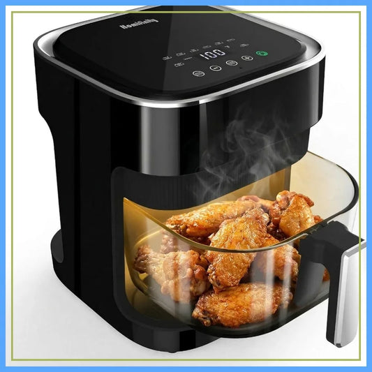 4.5 Qt Glass Air Fryer, Borosilicate Basket, Stainless Steel Tray, 8 Presets, Black