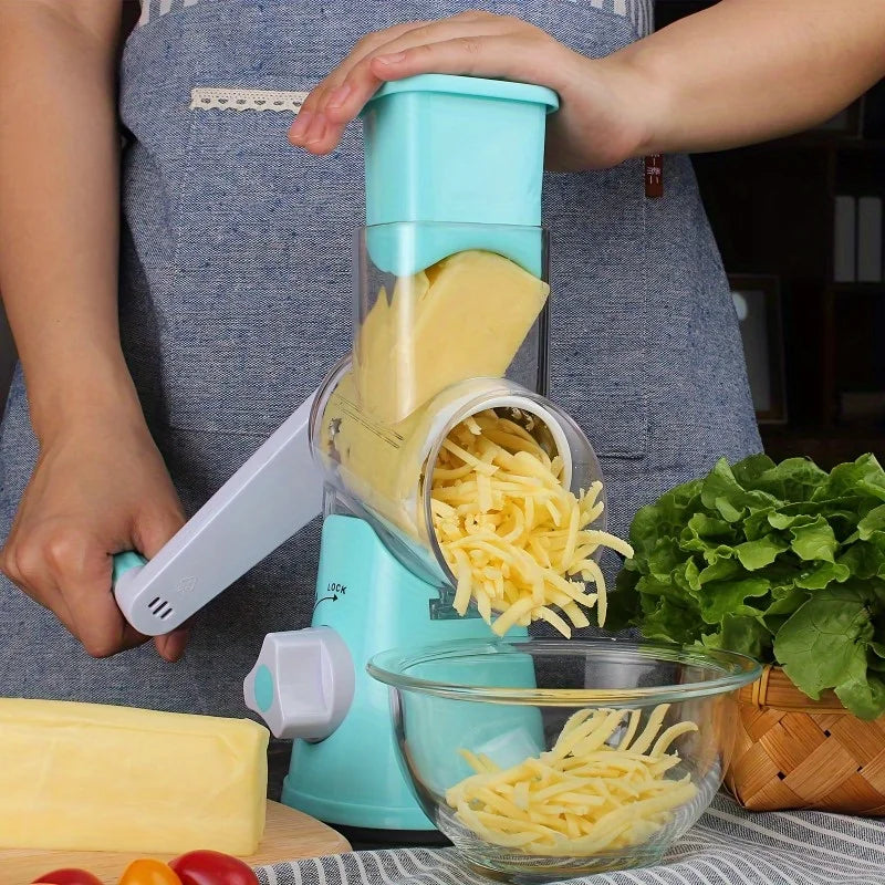 3-in-1 Rotary Cheese Grater & Vegetable Slicer - Food-Safe Plastic Kitchen Tool for Effortless Grating, Slicing - Easy Clean