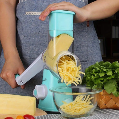 3-in-1 Rotary Cheese Grater & Vegetable Slicer - Food-Safe Plastic Kitchen Tool for Effortless Grating, Slicing - Easy Clean