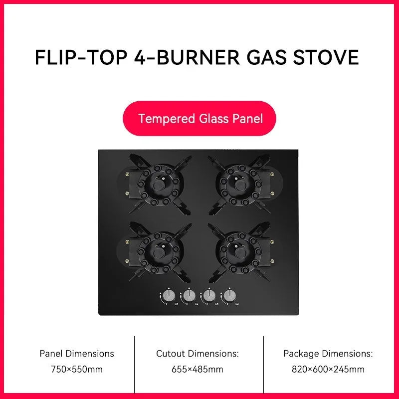 4 Burner Gas Stove Tempered Glass Cooktop Built-in Hob Flip-Top Kitchen Cooker for Home/Restaurant (NG/LPG Optional)