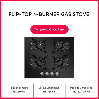 4 Burner Gas Stove Tempered Glass Cooktop Built-in Hob Flip-Top Kitchen Cooker for Home/Restaurant (NG/LPG Optional)