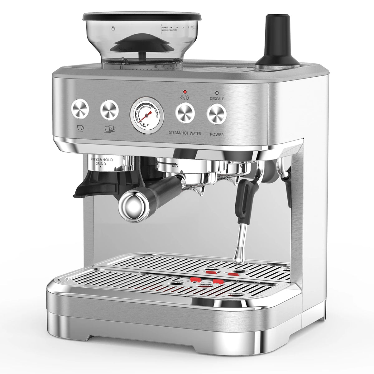 Espresso Machine with Milk Frother and Grinder, 15 Bar Automatic Espresso Coffee Machine All In One Coffee Maker with Italian ULKA Pump, 2.5L Water Tank, Brushed Stainless Steel for Home Office