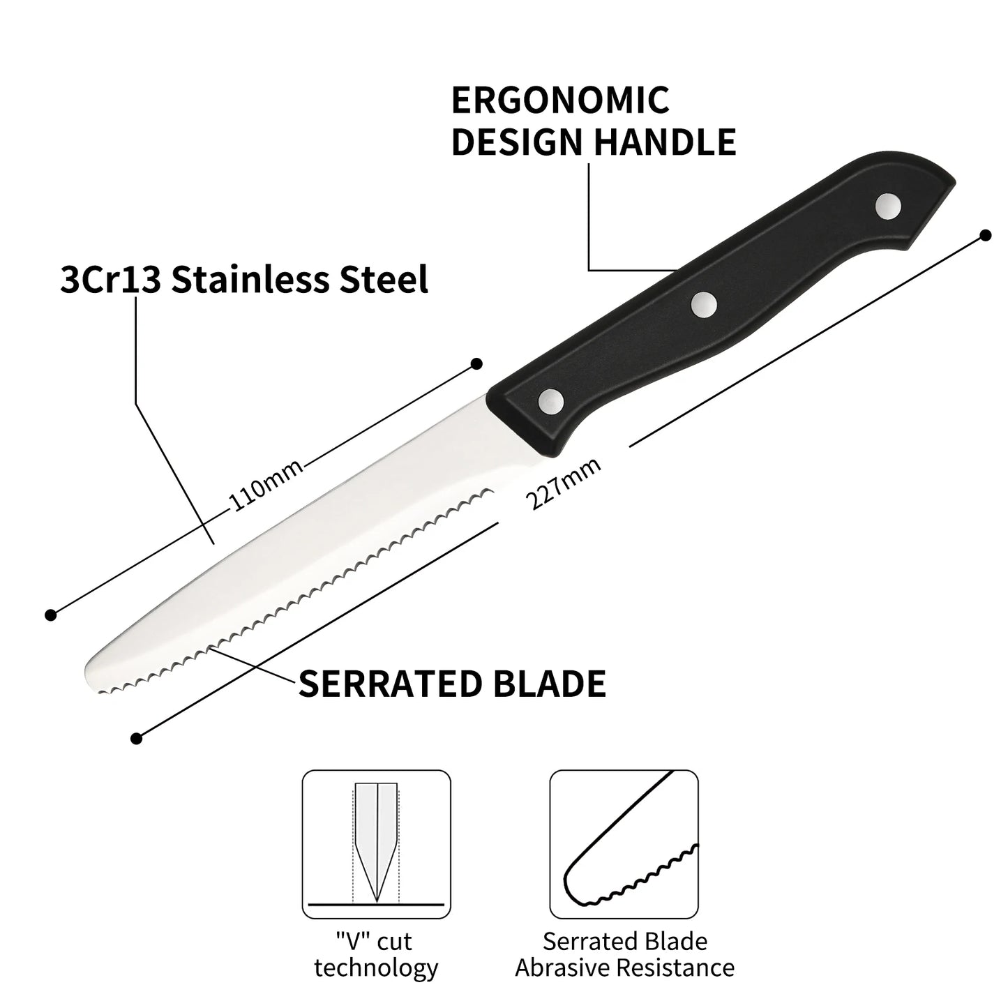 12 Pieces 4.5 Inch Steak Knives Set, Round Tip Serrated Steak Knives with POM Triple Rivets Handle, Dishwasher Safe