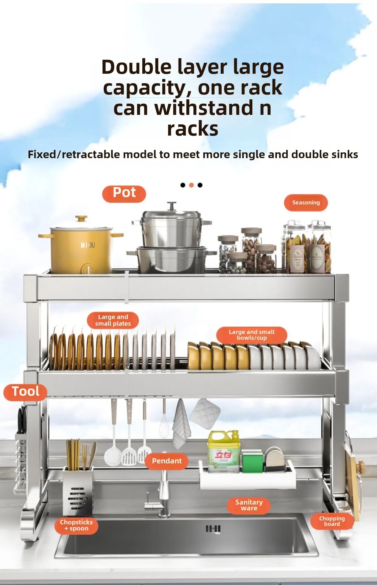 304 Stainless Steel Sink Storage Rack 2 Layers Kitchen Shelf Multifunctional Bowl Dish Drain Basket Space Saving Organize Shelf