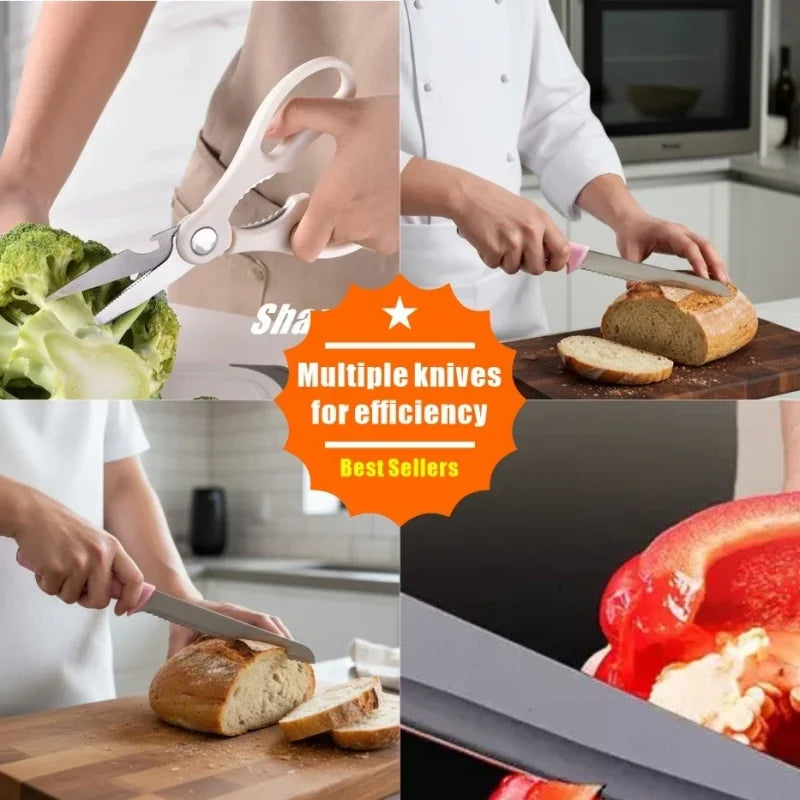 15 Pcs Stainless Steel Kitchen Knife Set with Block & Cutting Board, Ultra Sharp Chef Knives for Home Cooking
