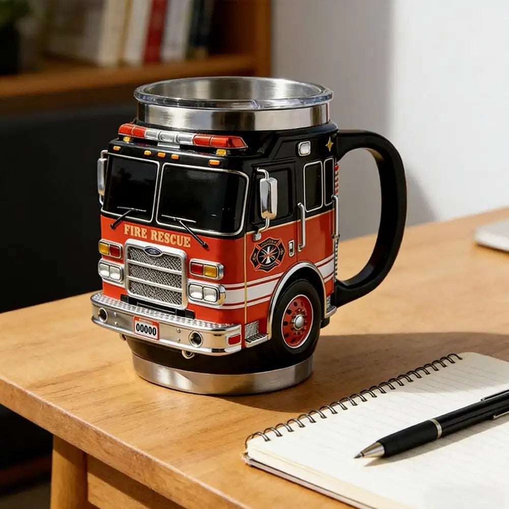 Fire Rescue Coffee Mug, Retro 3D Fire Truck Coffee Mug, Personalized Stainless Steel Wall Insulation Mug New Year Gifts for Mens