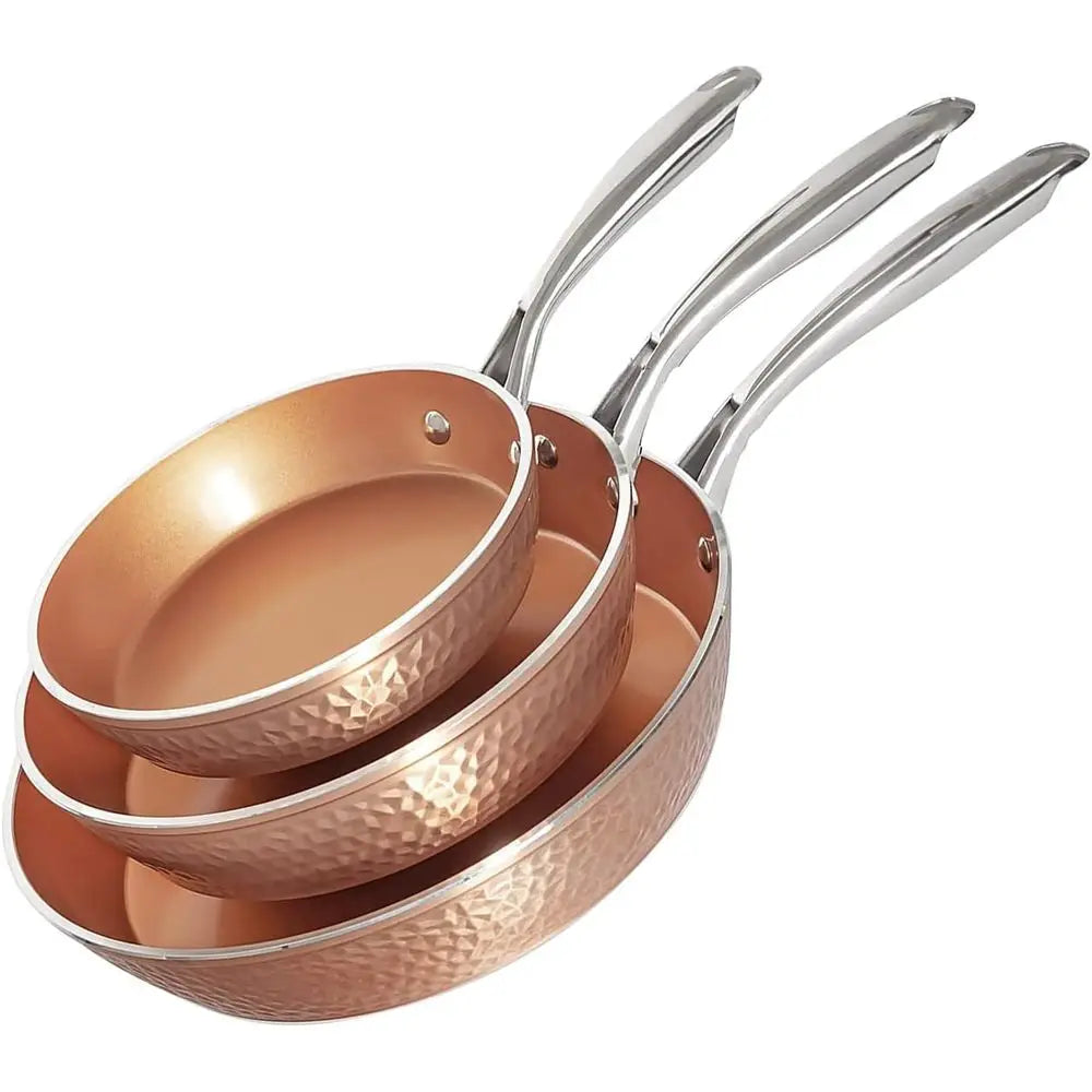 3-Piece Nonstick Copper Pan Set: 8, 10, 12 Skillets, Omelet Pan, Dishwasher Safe, Cool Touch Handles