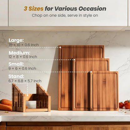 Bamboo Cutting Board Set With Stand, 3PCS Double-Sided Chopping Boards For Kitchen Meal Prep & Serving, Charcuterie, Juice Groov