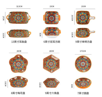 Bohemia Ceramic Rice Bowl Serving Plate Creative Ceramic Cutlery Soup Noodle Bowl Household Handle Bowl Sauce Dish